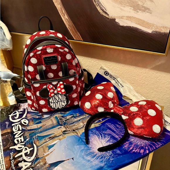 Disney Handbags - Disney Red and White Polka Dot Minnie Sequin Backpack with Bow Headband